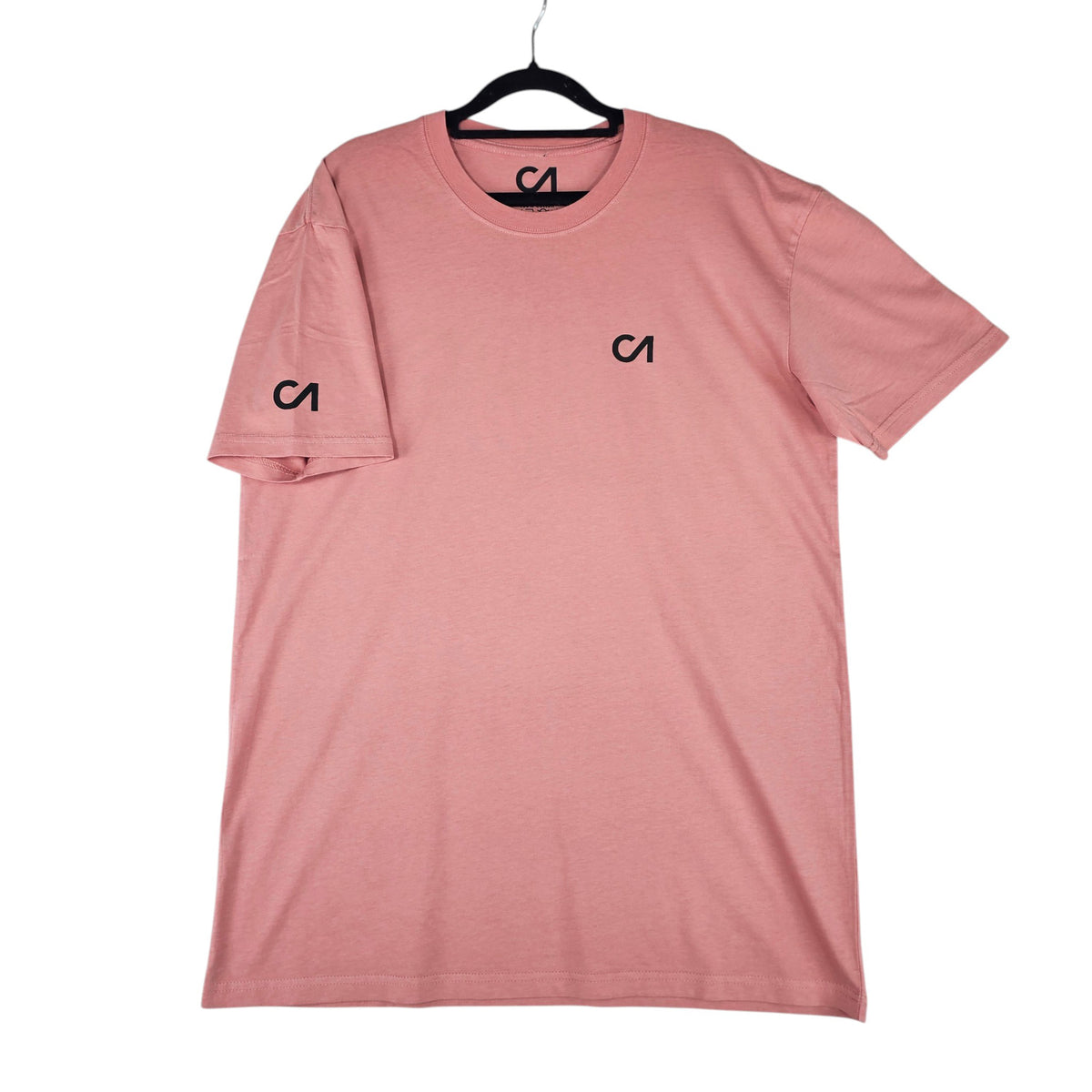 Pink short-sleeve T-shirt with CA logo on left sleeve and chest
