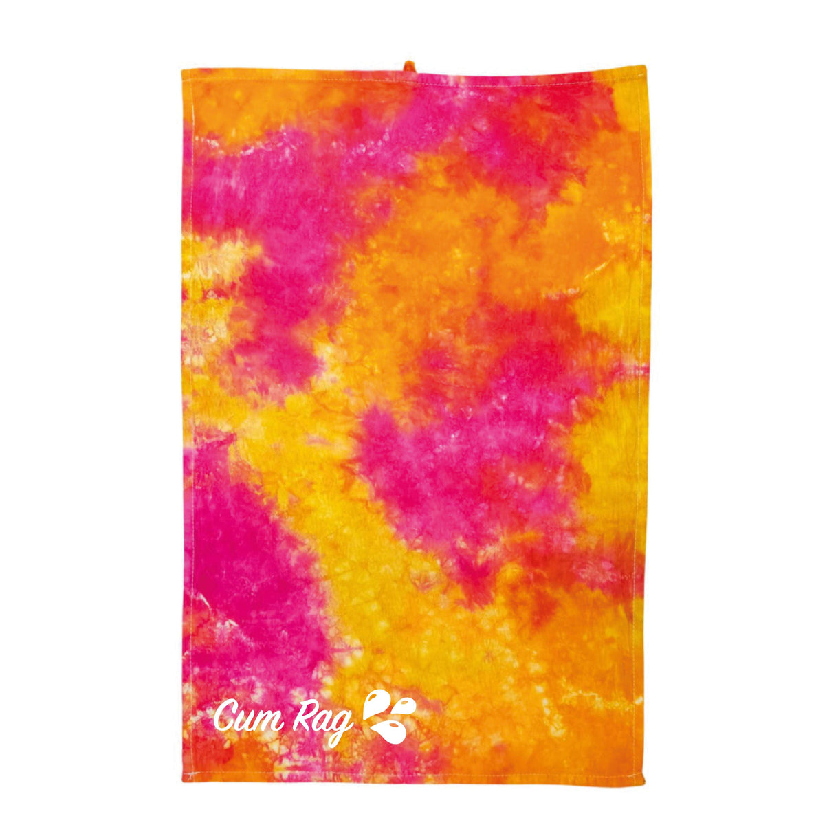 Orange-pink tie-dye cum rag, stitched edges, top loop, 'Cum Rag' print