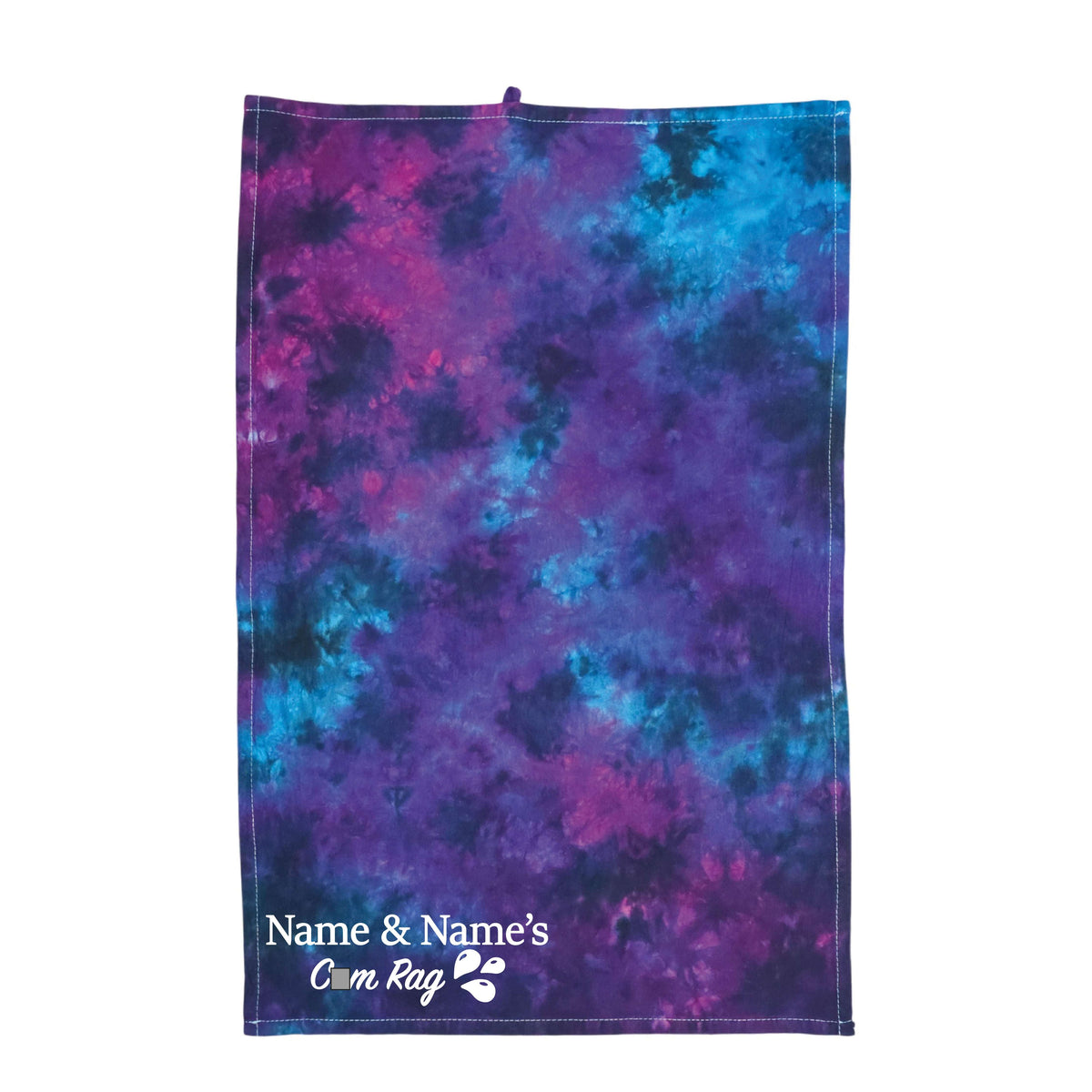 Customizable couples rag, purple-blue tie-dye cloth with 'Name & Names' text