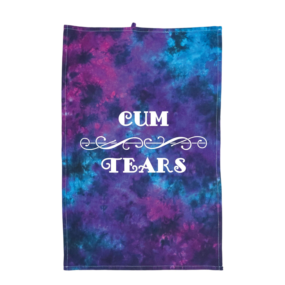 Tie-dye rag towel in purple and blue, with 'CUM TEARS' front print