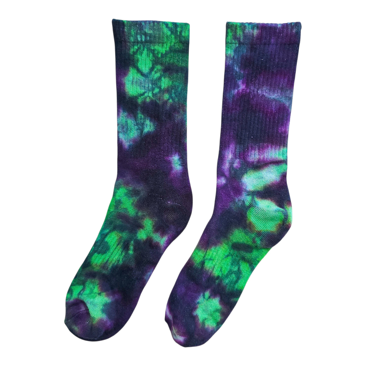 Jelly Venom tie-dye crew socks, purple and green with starry swirls