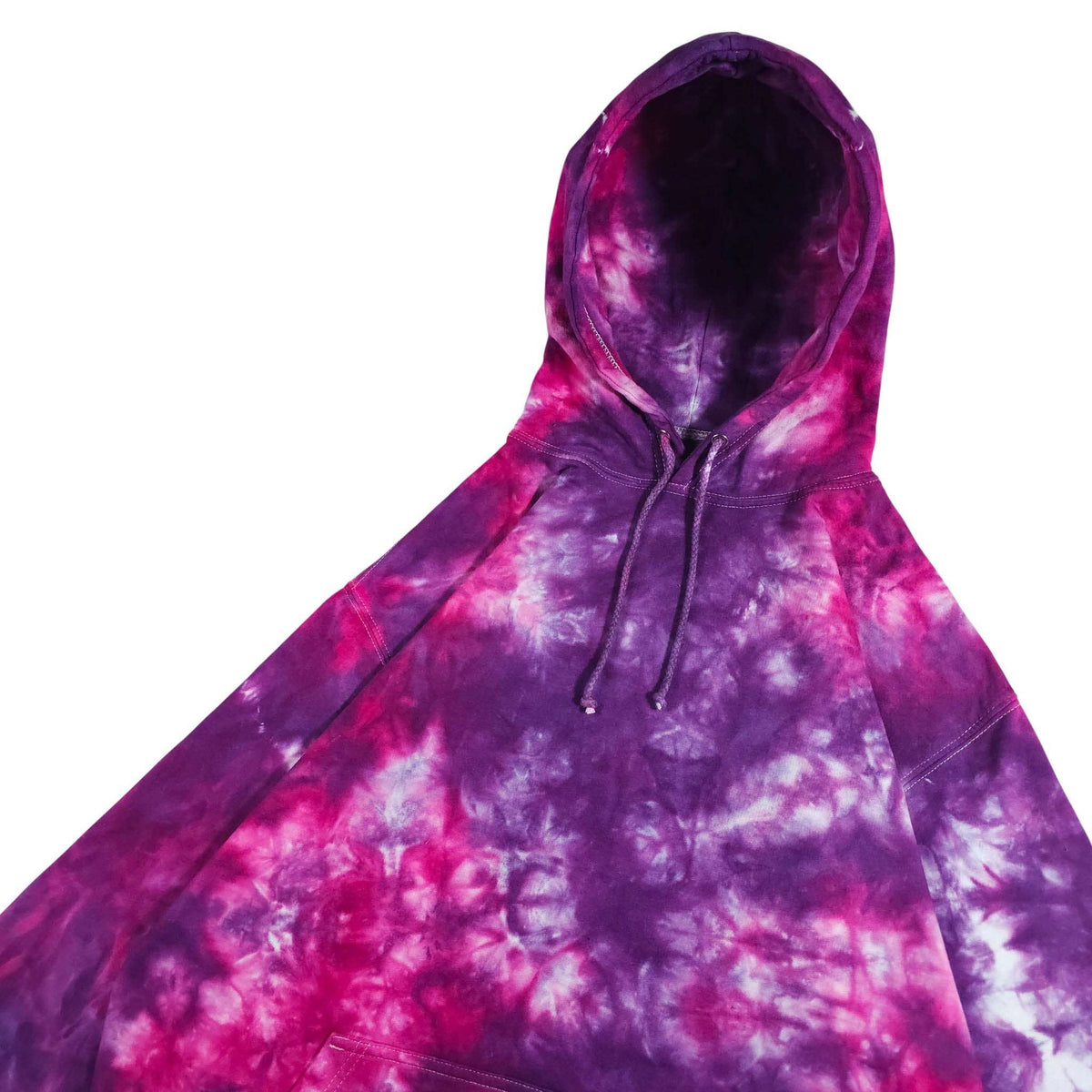 Tie-dye pullover hoodie with purple and pink cloud-like swirls, hood and drawstring