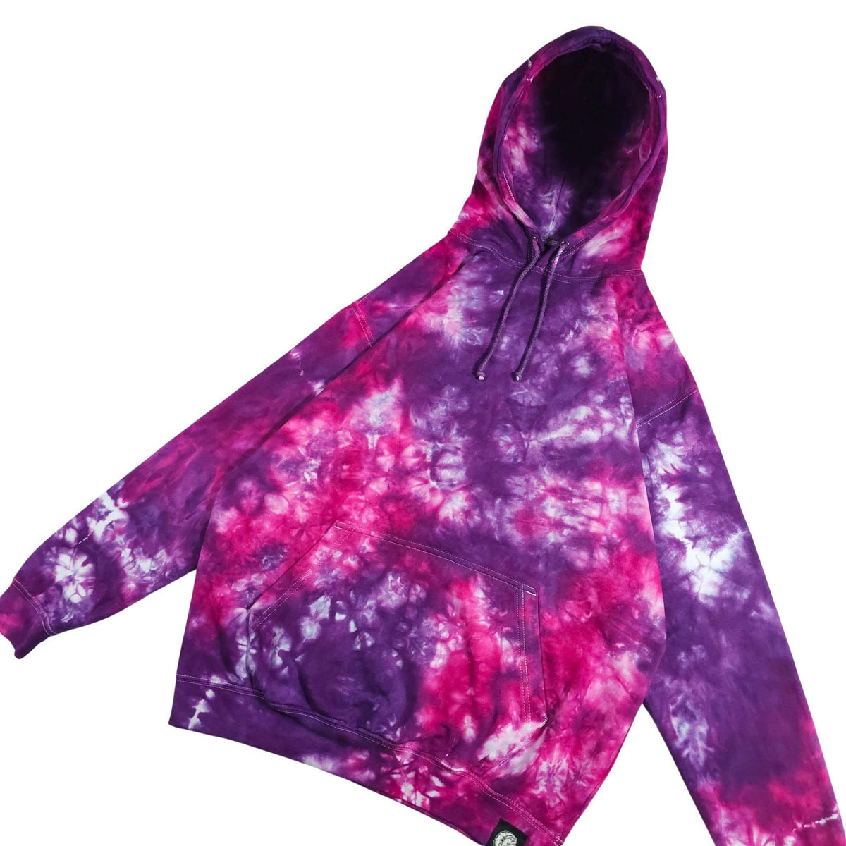 Tie-dye pullover hoodie with purple and pink swirl print, hood, drawstring, front pocket
