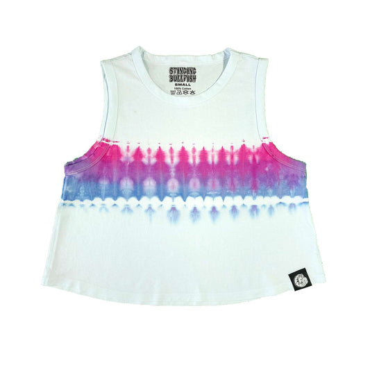 Sleeveless scoop-neck crop vest with pink and blue tie-dye band; side logo patch.