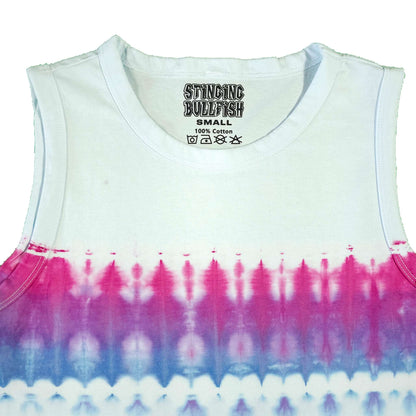 Sleeveless crop vest, light base with pink and blue tie-dye stripe; chest neckline label.