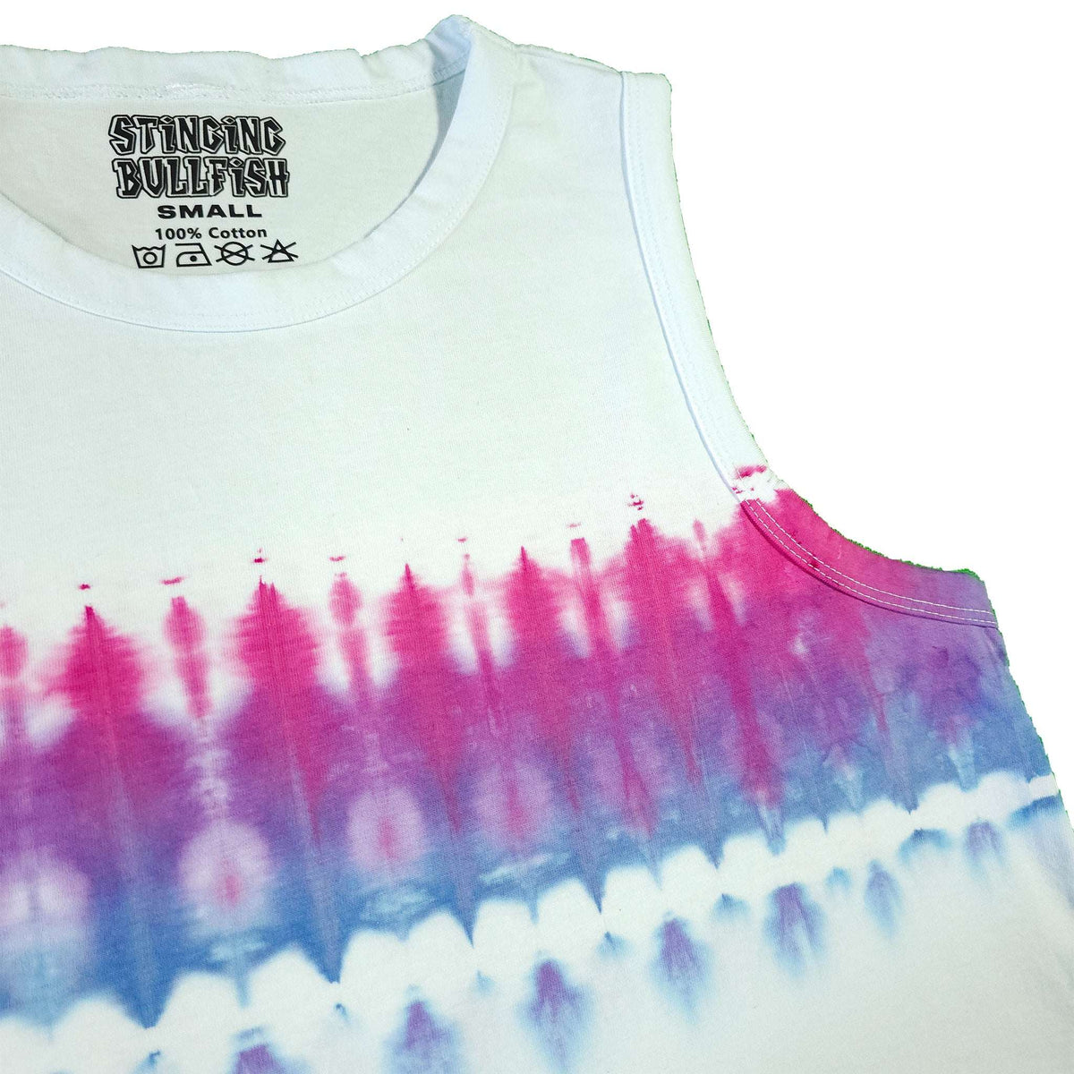 Pink and blue tie-dye crop vest with light base; neckline and arm opening visible.