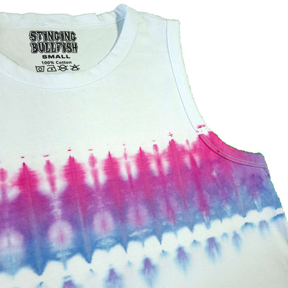 Pink and blue tie-dye crop vest with light base; neckline and arm opening visible.
