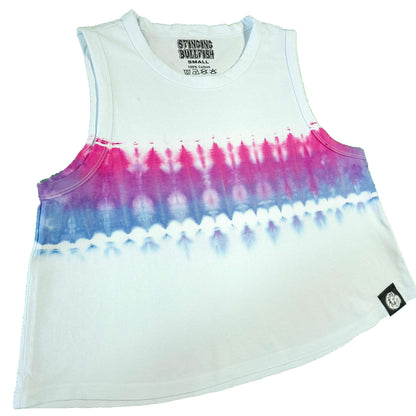 Sleeveless scoop-neck crop vest in light base with pink and blue tie-dye band; side patch.