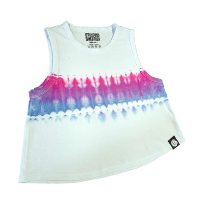 Sleeveless crop vest with light base and pink-to-blue tie-dye pattern across hem.