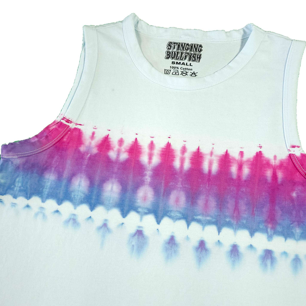 Light base crop vest with pink and blue tie-dye across chest; neckline label visible.