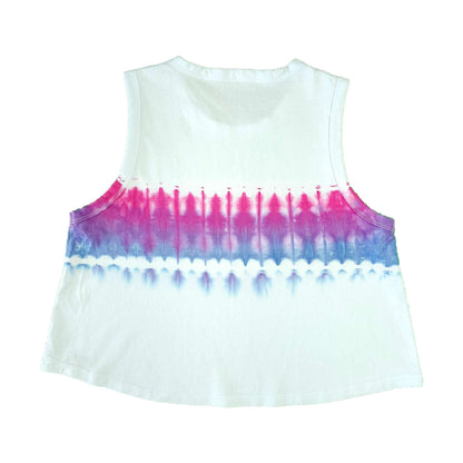 Sleeveless crop vest with pink and blue tie-dye band across the back, light base.
