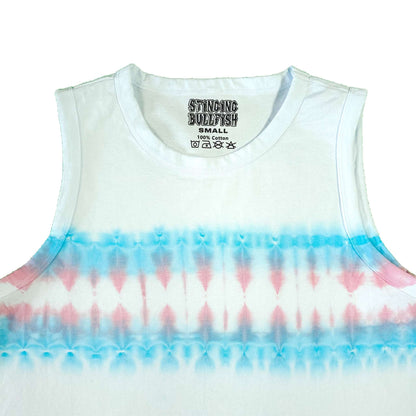 Tie-dye crop vest neckline and shoulders, white base with blue and pink banded dye