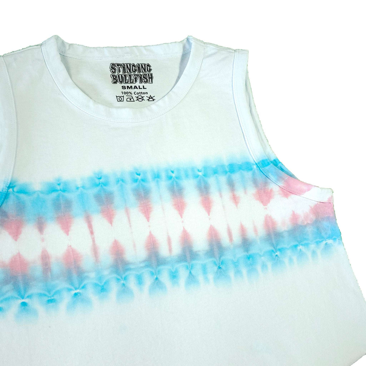 Tie-dye crop vest front detail, white body with blue and pink horizontal tie-dye bands