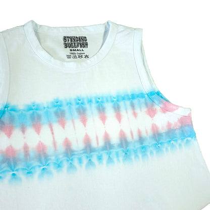 Tie-dye crop vest front detail, white body with blue and pink horizontal tie-dye bands