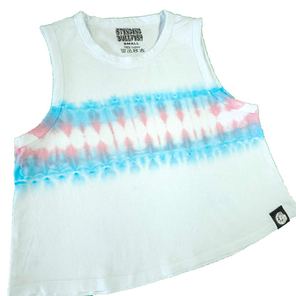 Tie-dye crop vest with white base, blue and pink bands, square hem logo patch