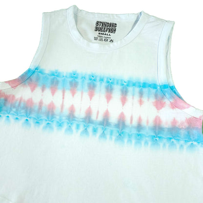 Tie-dye crop vest front close-up, white base with blue and pink horizontal banded tie dye