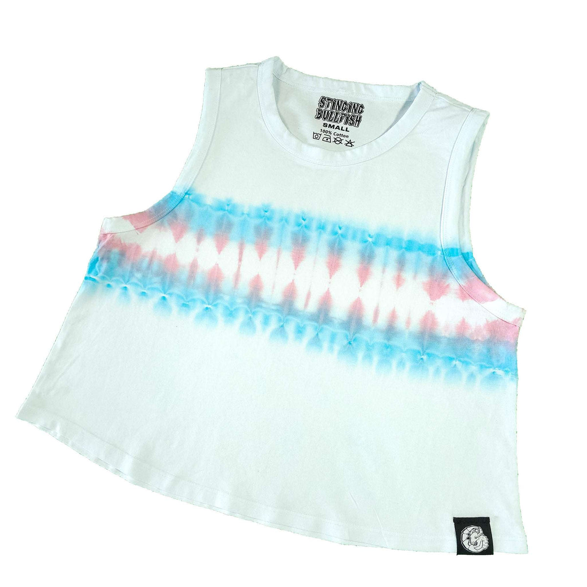 Tie-dye crop vest with white base, blue and pink horizontal bands, sleeveless crew neck