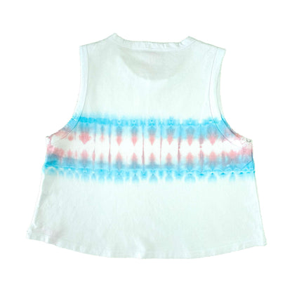 Tie-dye crop vest with white base, blue and pink horizontal banding, sleeveless