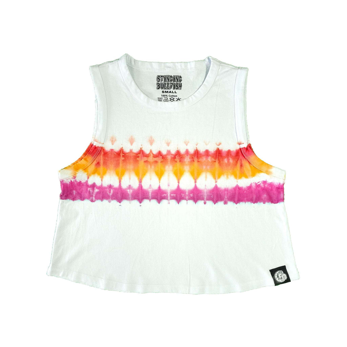 White tie-dye crop vest with crew neck and orange-yellow-pink purple band; side tag