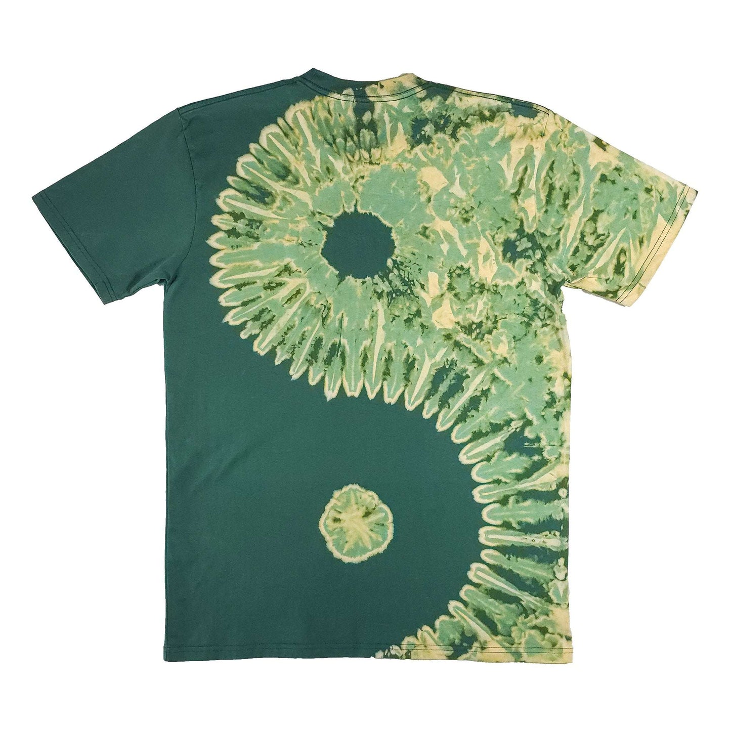 Forest green bleach-dye T-shirt, back view, yin-yang sunburst spiral with small emblem