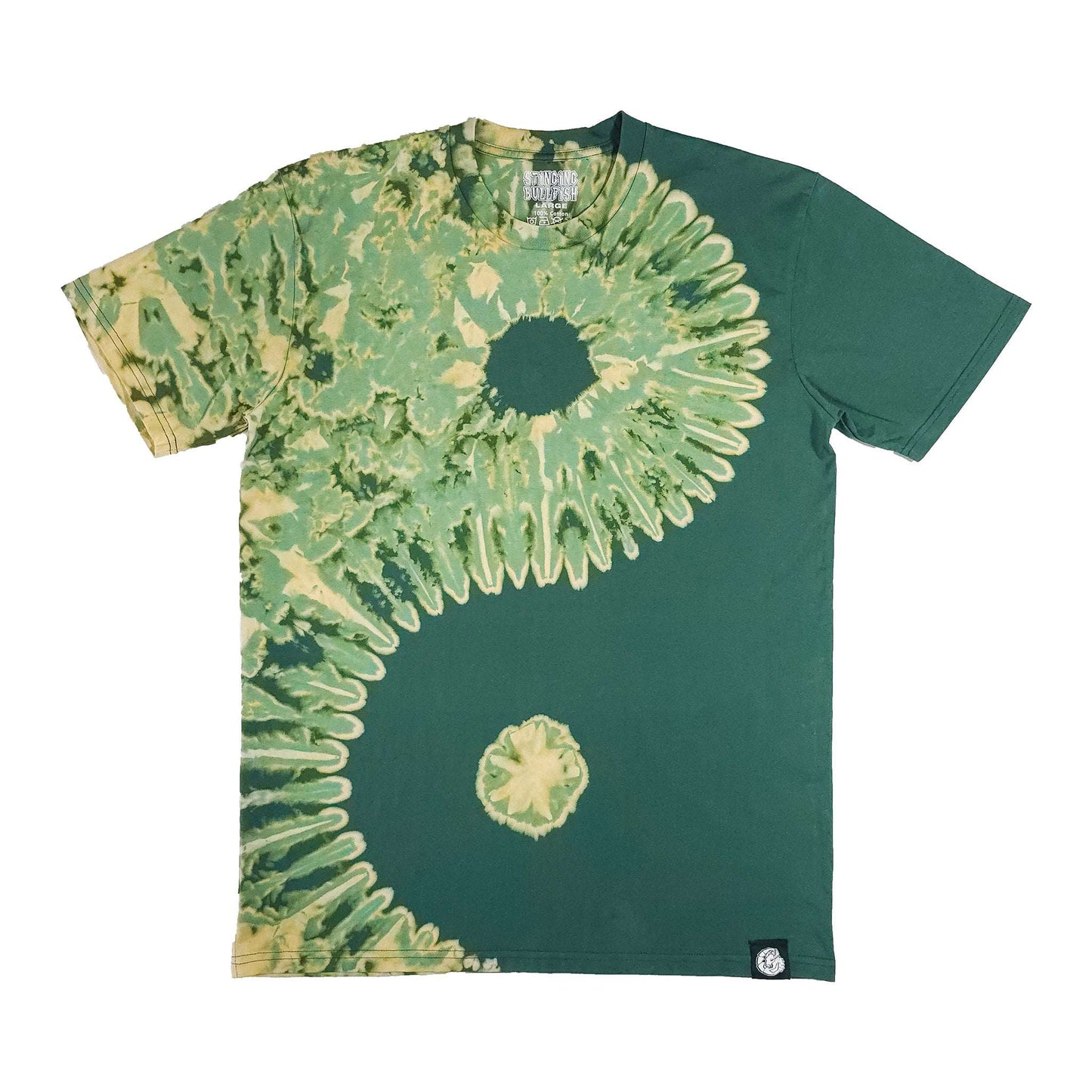 Forest green bleach-dye T-shirt with yin-yang sunburst spiral and small chest emblem