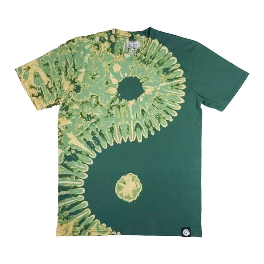 Forest green bleach-dye T-shirt with yin-yang sunburst spiral and small chest emblem