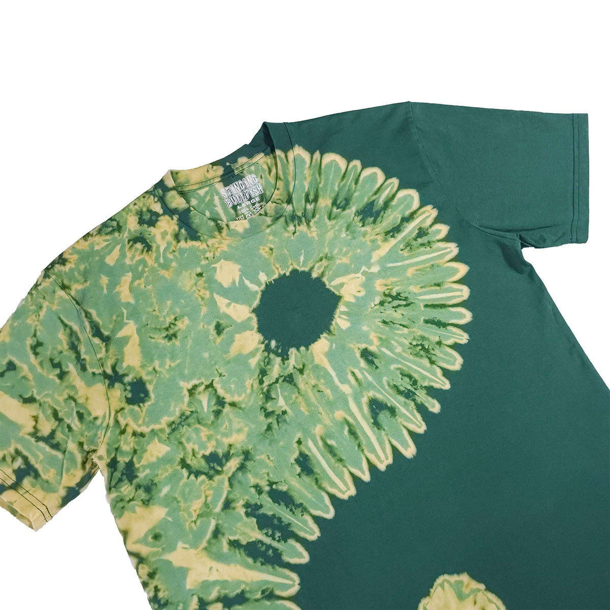 Forest green bleach-dye T-shirt close-up of yin-yang sunburst spiral and neckline