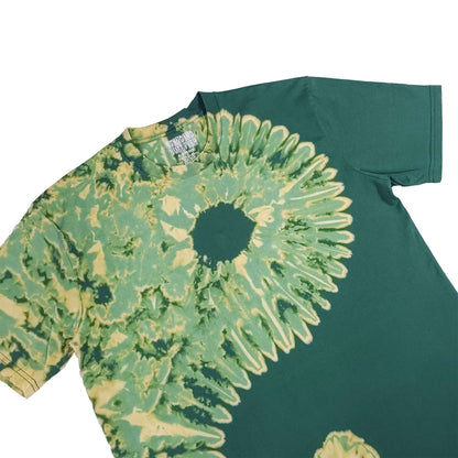 Forest green bleach-dye T-shirt close-up of yin-yang sunburst spiral and neckline