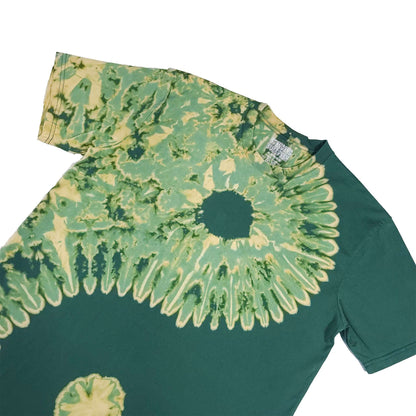Forest green bleach-dye T-shirt, side angle, yin-yang sunburst spiral graphic