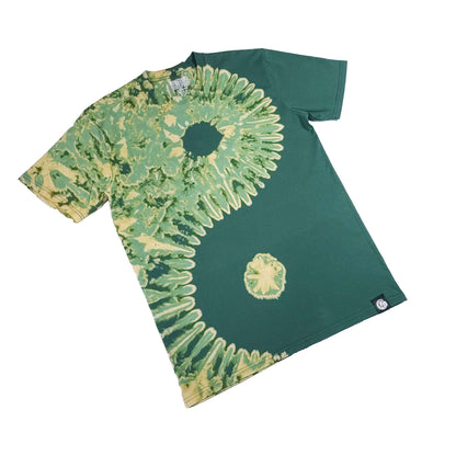 Forest green bleach-dye T-shirt with yin-yang sunburst spiral front and small chest emblem