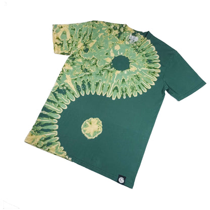 Forest green bleach-dye T-shirt, back view, yin-yang sunburst spiral with small chest emblem