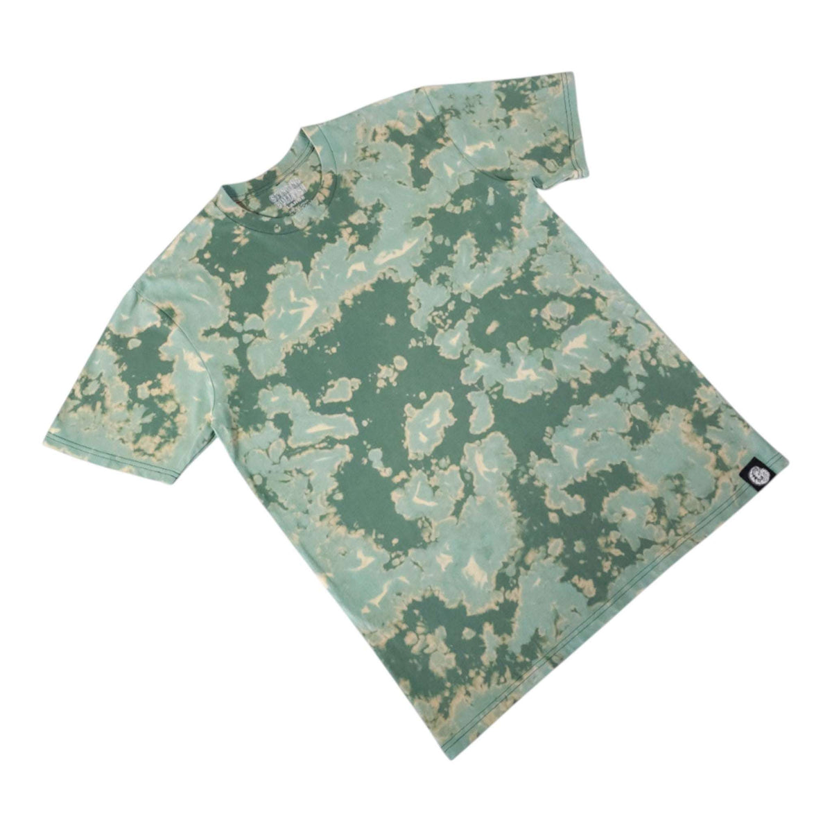 Green bleach-dye camo T-shirt folded, showing crew neck and short sleeves