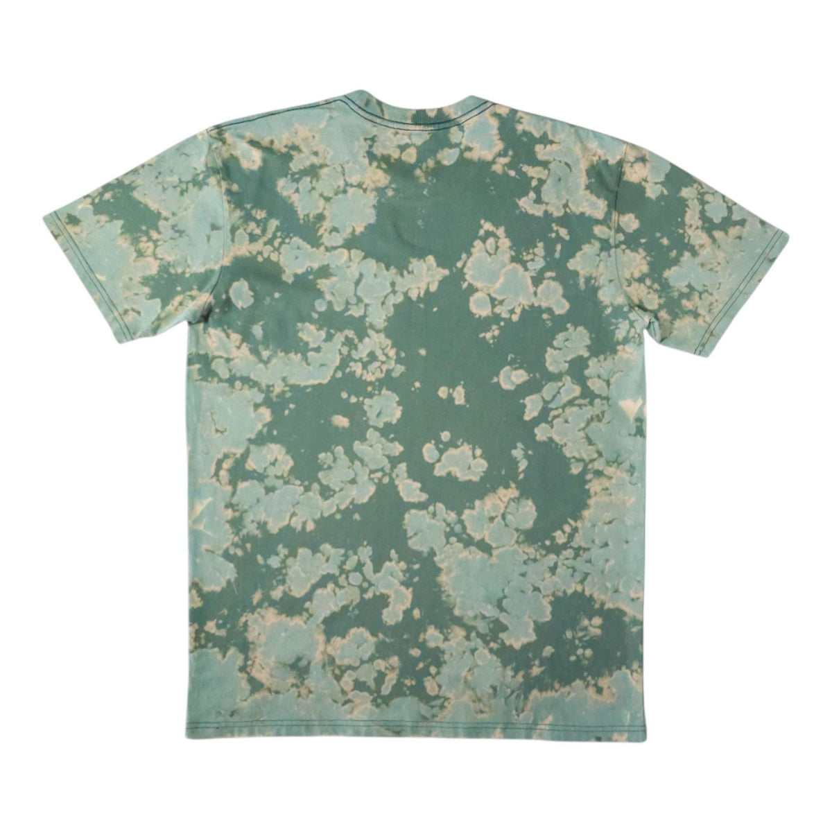 Green bleach-dye camo T-shirt front view with short sleeves and crew neck