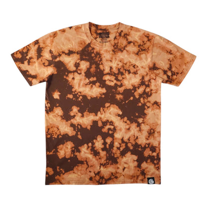 Tie-dye T-shirt in orange and dark brown with short sleeves and crew neck.