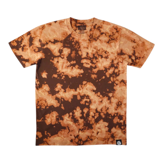 Tie-dye T-shirt in orange and dark brown with short sleeves and crew neck.