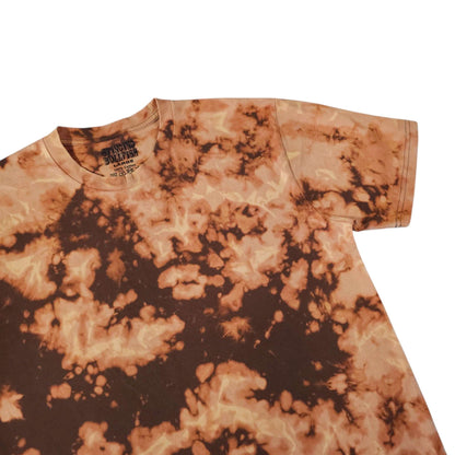 Orange-and-dark-brown tie-dye T-shirt, crew neckline and short sleeves.