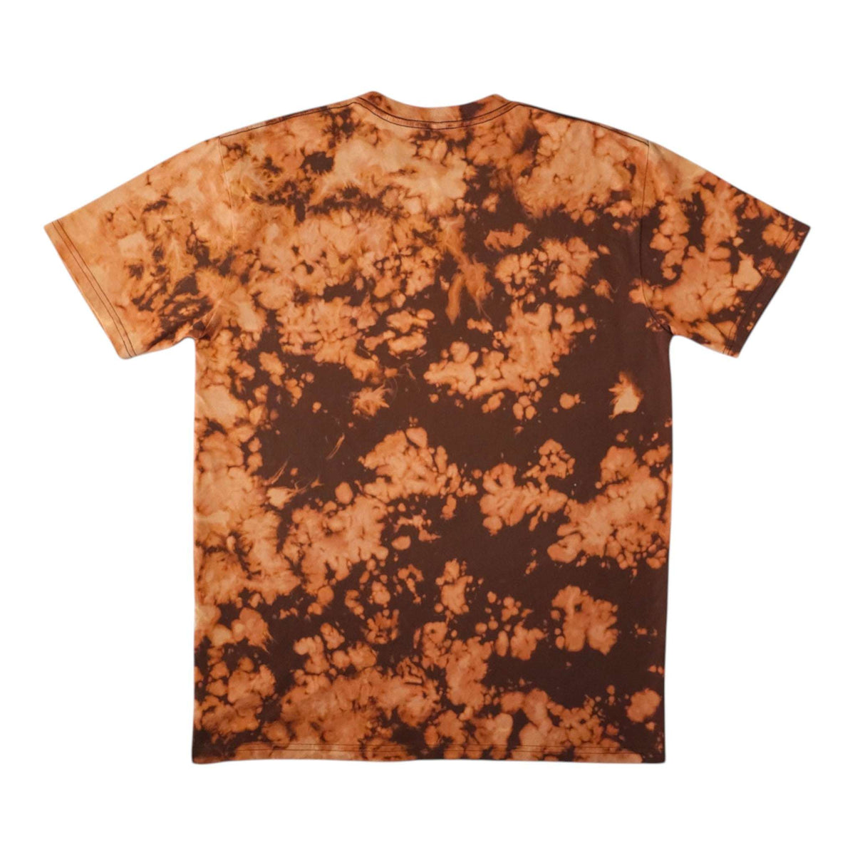 Orange-and-dark-brown tie-dye T-shirt with short sleeves and crew neck.