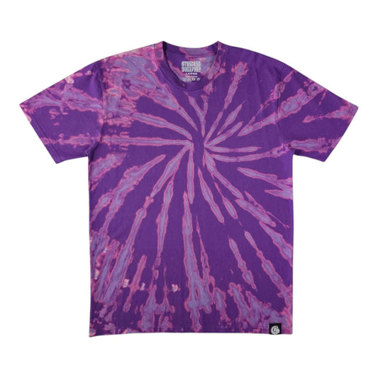 Violet spiral bleach-dye T-shirt with radial burst pattern, short sleeves, crew neck