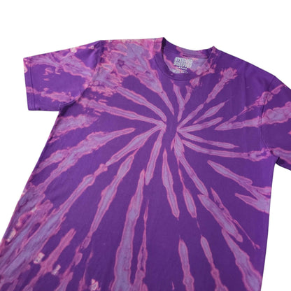 Violet spiral bleach-dye T-shirt with large central radial burst, short sleeves