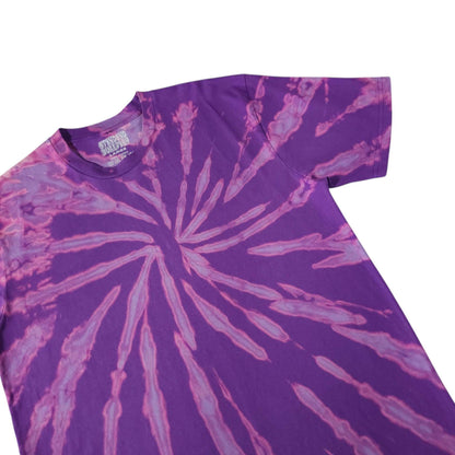 Violet spiral bleach-dye T-shirt with radial sunburst print, crew neck, short sleeve
