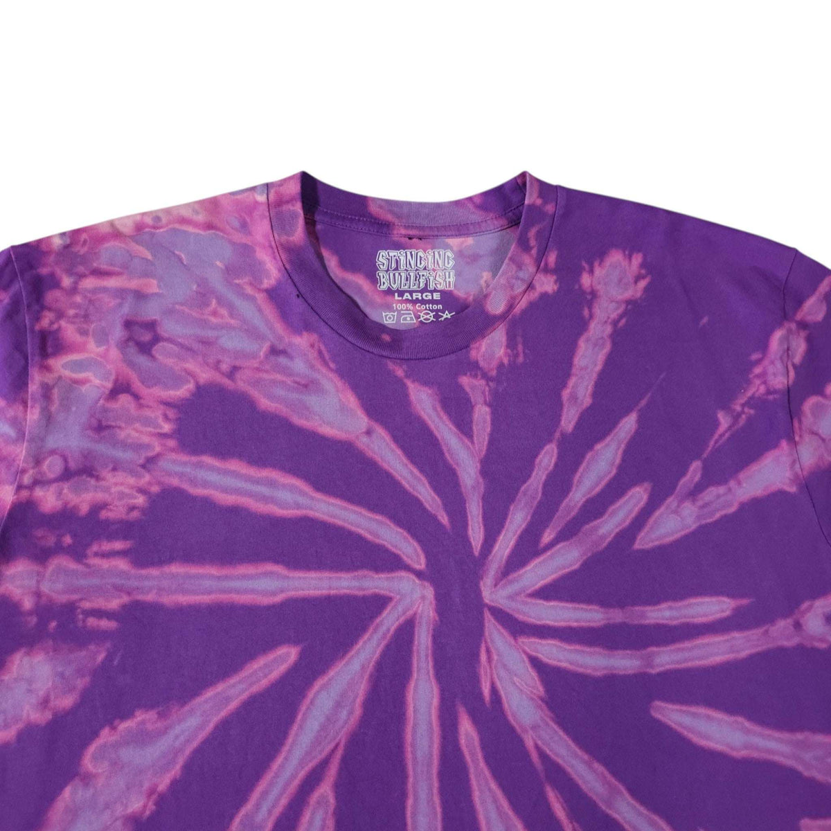 Violet spiral bleach-dye T-shirt, close-up of radial burst tie-dye, crew neck