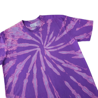 Violet spiral bleach-dye T-shirt with centered radial burst, short sleeves, crew neck