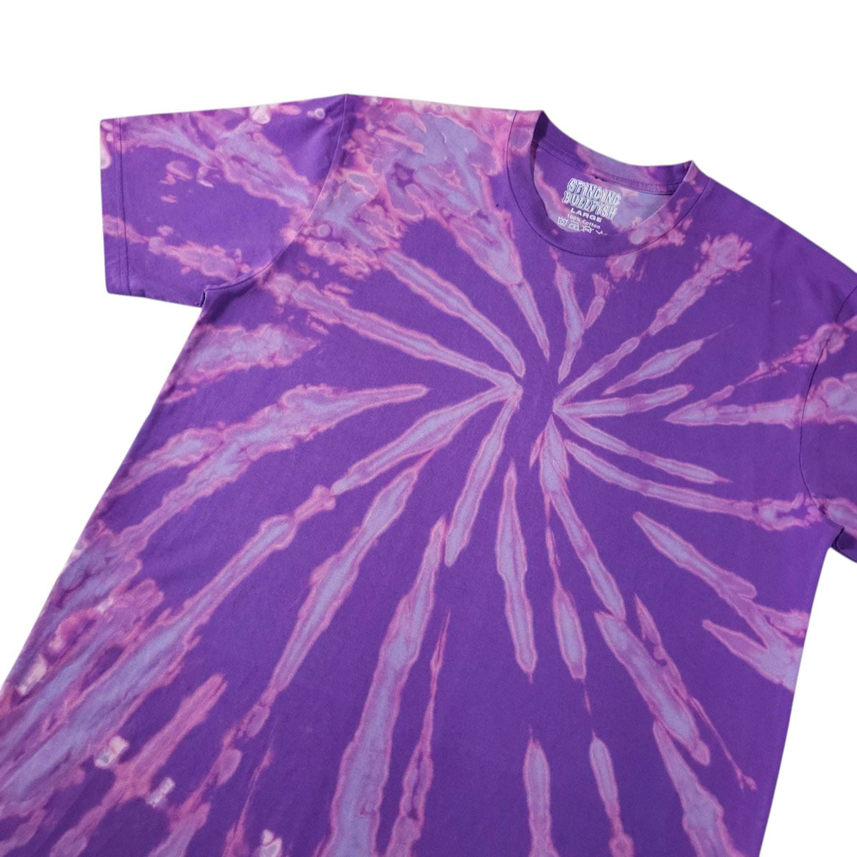 Violet spiral bleach-dye T-shirt with wide radial sunburst print, short sleeves