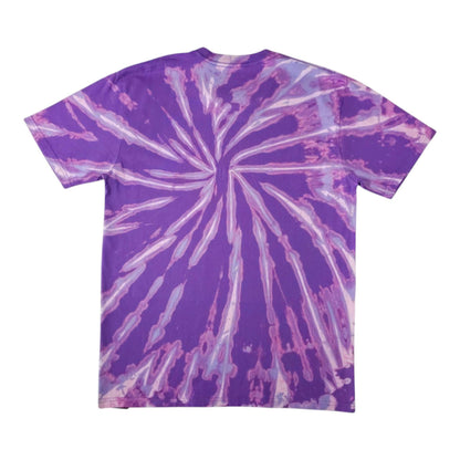 Violet spiral bleach-dye T-shirt with full radial burst design, short sleeves, crew neck