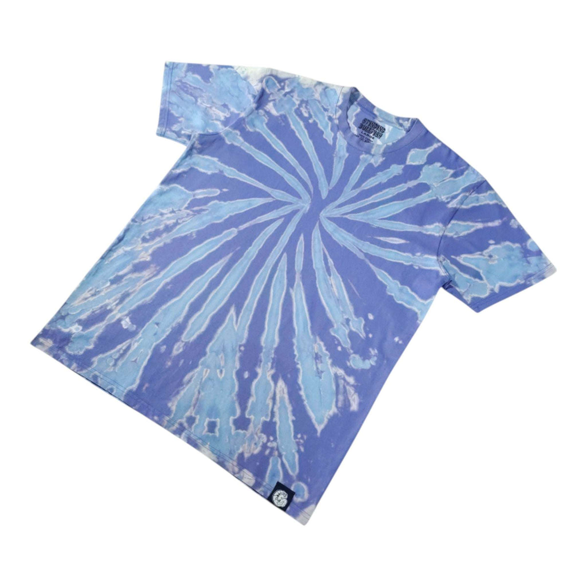 Blue tie-dye T-shirt with spiral burst center, crew neck, short sleeves, small logo at hem