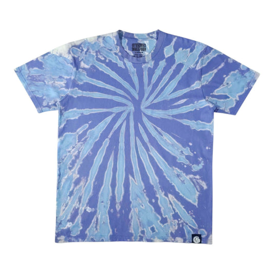 Blue tie-dye T-shirt with spiral burst pattern, crew neck, short sleeves
