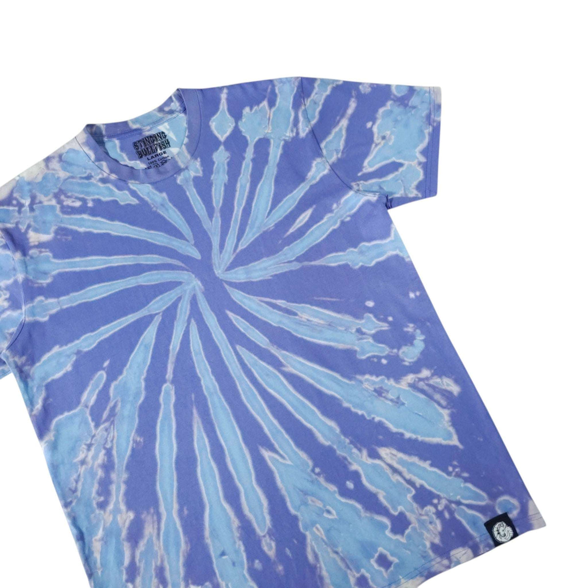 Blue tie-dye T-shirt close view, spiral burst pattern, crew neck, short sleeves