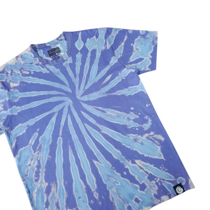 Blue tie-dye T-shirt close view, spiral burst pattern, crew neck, short sleeves
