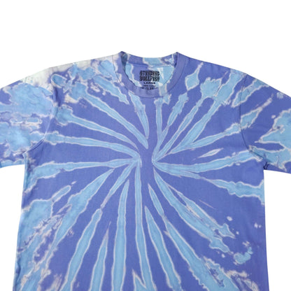 Blue tie-dye T-shirt with white spiral lines radiating from center, crew neck, short sleeve