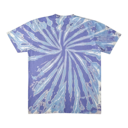 Blue tie-dye T-shirt with large spiral burst pattern, crew neck, short sleeves